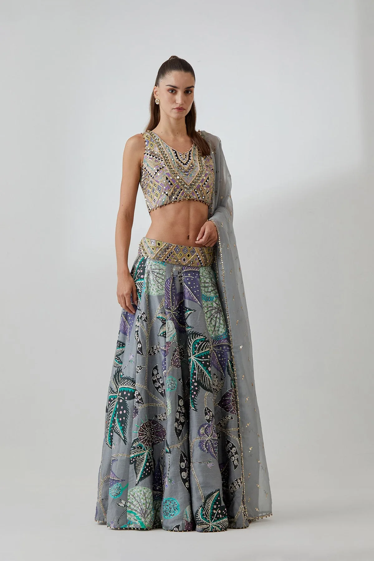 Grey Georgette Embroidered Choli With Abutilon Print Dupion Silk Lifted Lehenga And Mukaish Net Dupatta by Payal Singhal, view 3