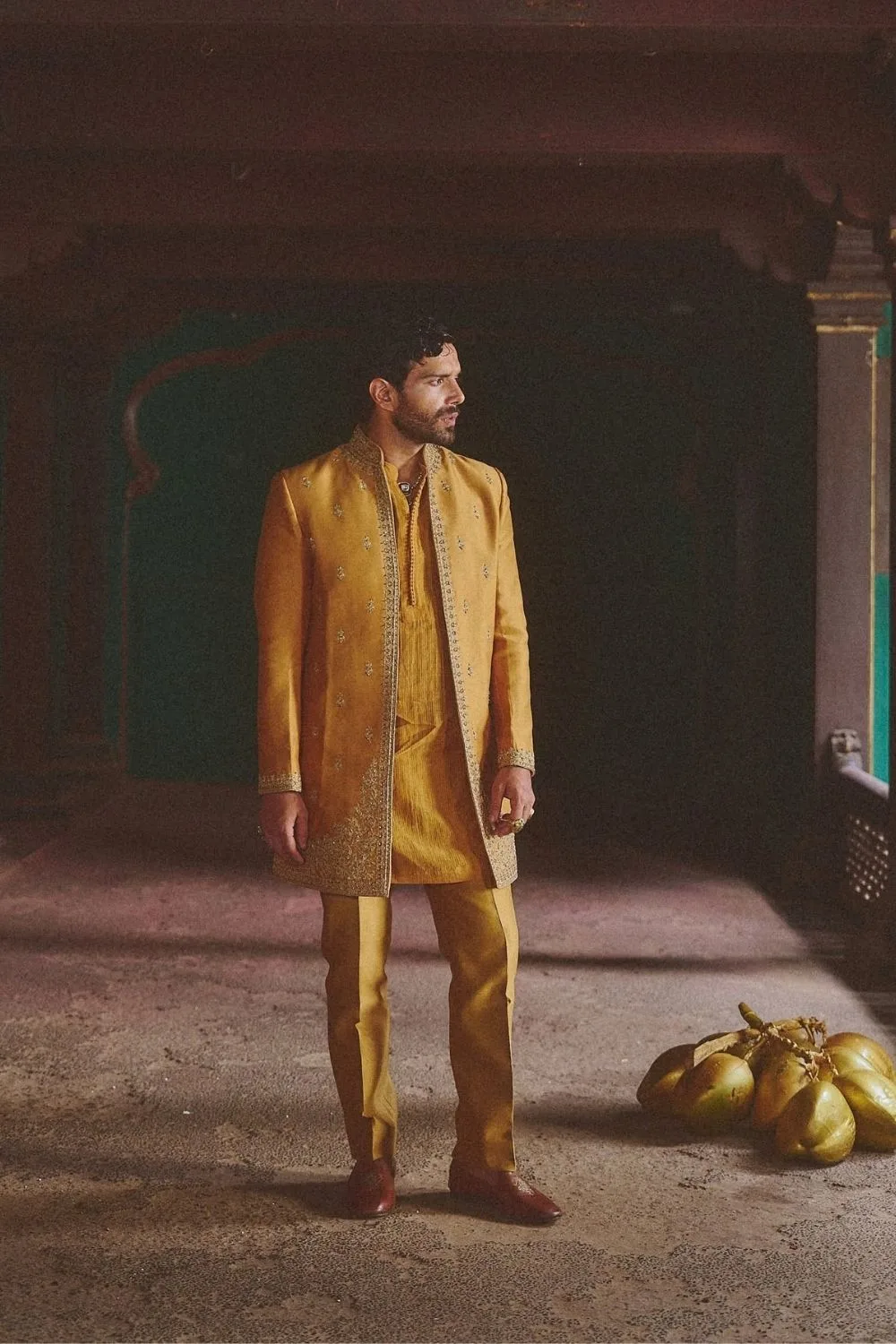 Samidha Jacket Set by Jigar Mali in mustard, view 3