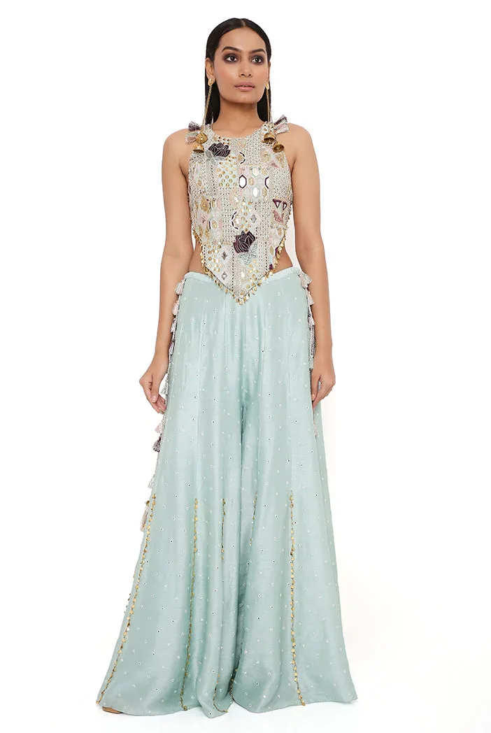Powder Blue Georgette Embroidered Choli With Abla Silk Sharara by Payal Singhal