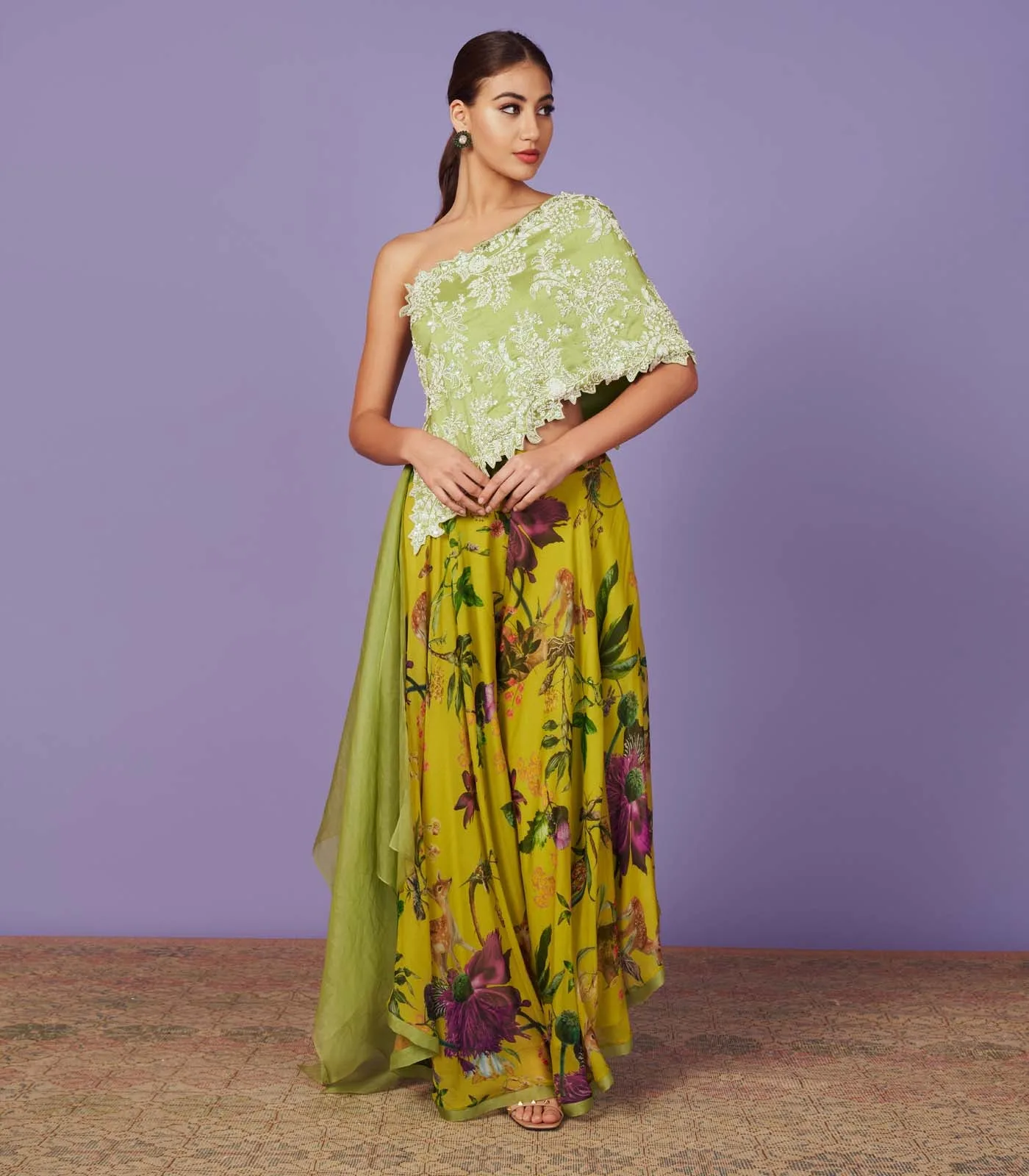 Pearl Work One Shoulder Cape Set by Anushree Reddy