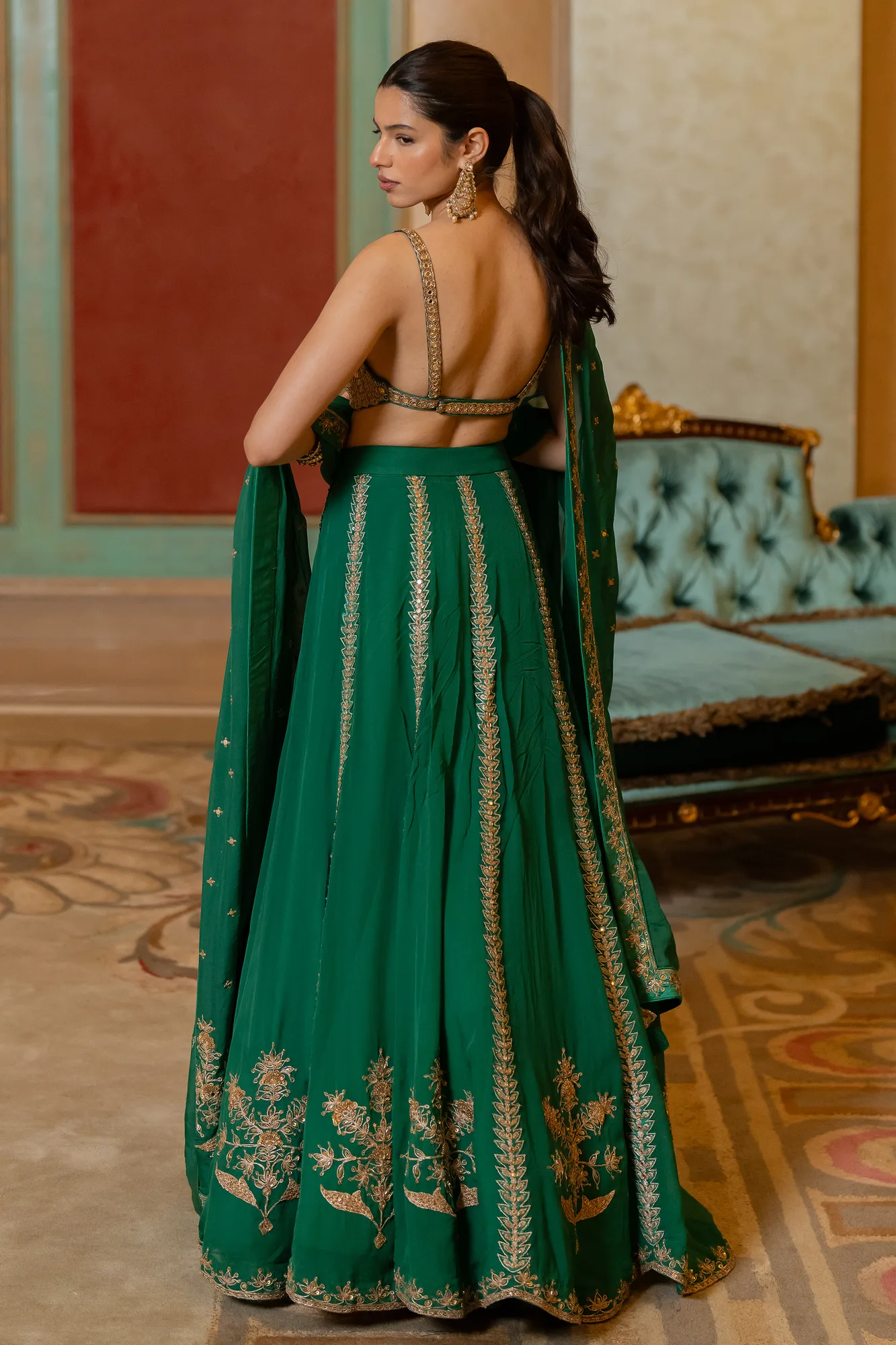 Kimiko Lehenga Set by Paulmi And Harsh in emerald green, view 2