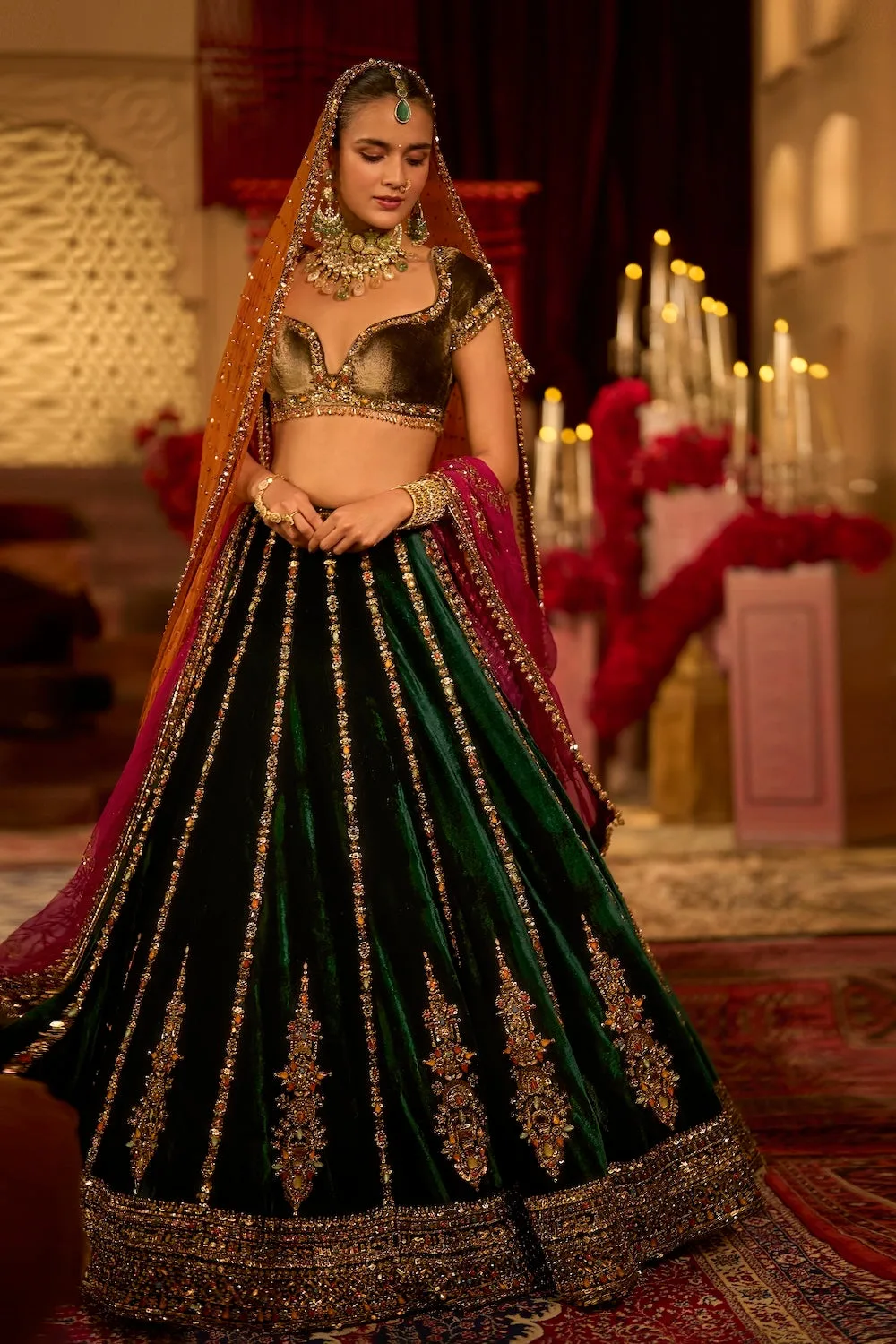 Emerald Green Velvet Lehenga Set by Seema Gujral, emerald green sari
