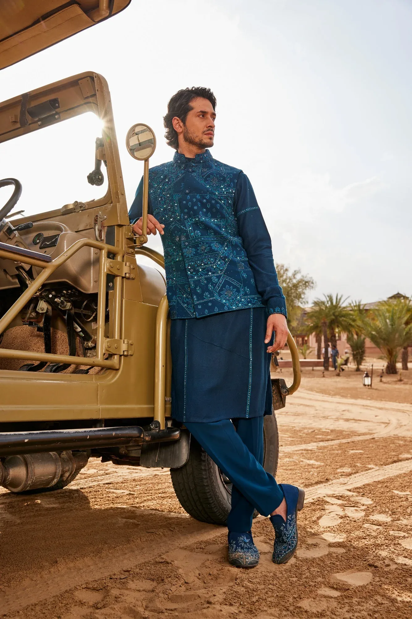 Teal Blue Slant Cut Waistcoat Set by Sarab Khanijou