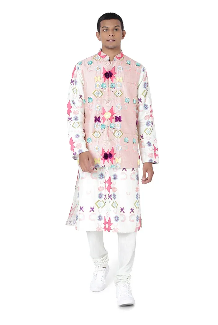Pink Colour Printed Dupion Silk Embroidered Bandi with White Colour Printed Silkmul Kurta and Off White Colour Cotton Silk Churidar by Payal Singhal