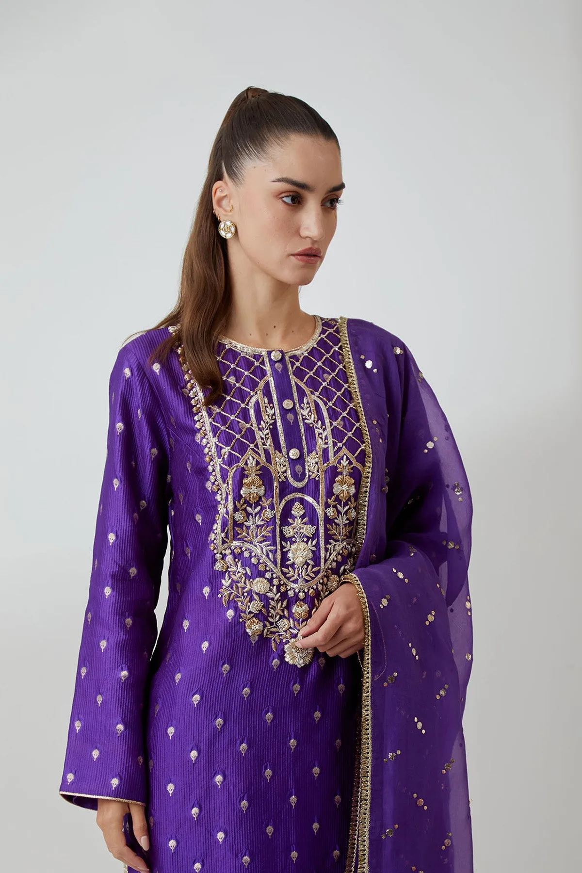 Purple Banarasi Embroidered Yoke Kurta With Pant And Mukaish Organza Dupatta by Payal Singhal, view 4