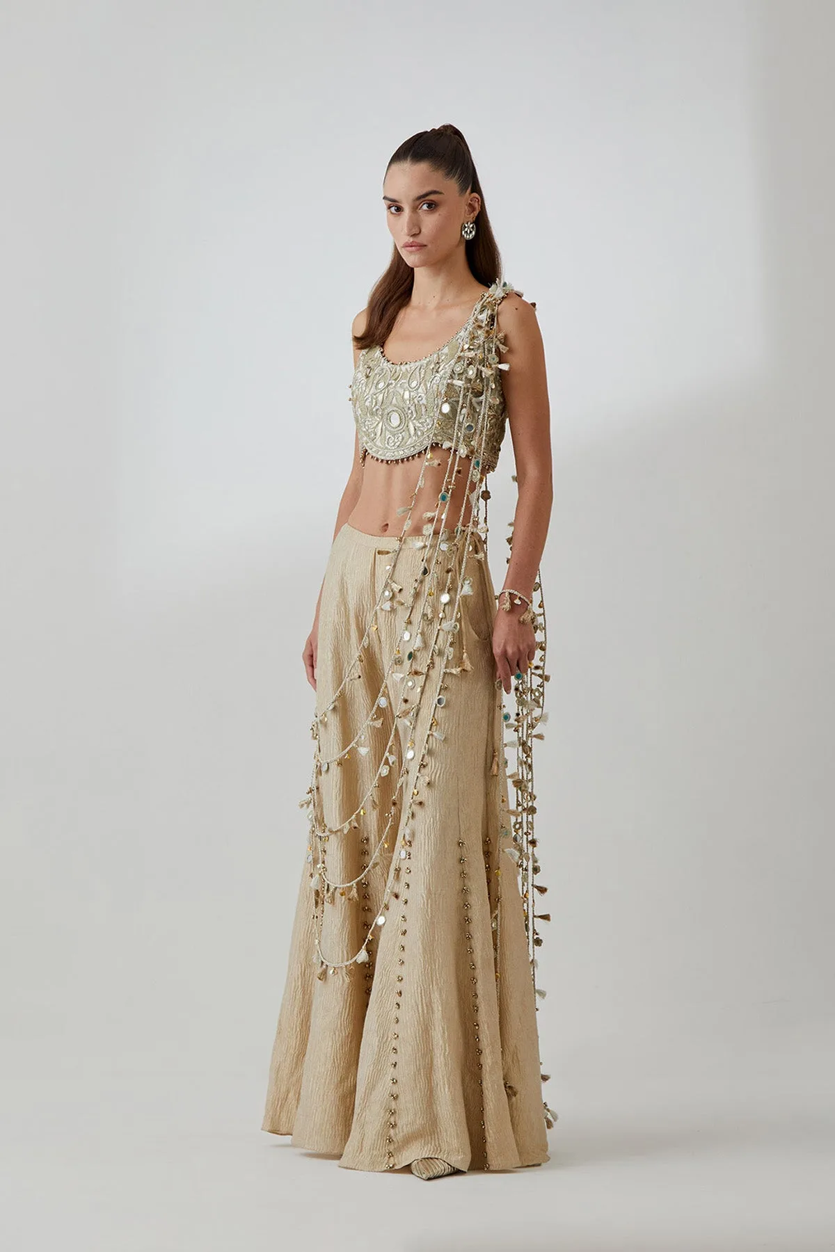 Off-White Organza Embroidered Choli And Gold Crushed Tissue Sharara With Attached Dori Tassels by Payal Singhal in off white, view 3