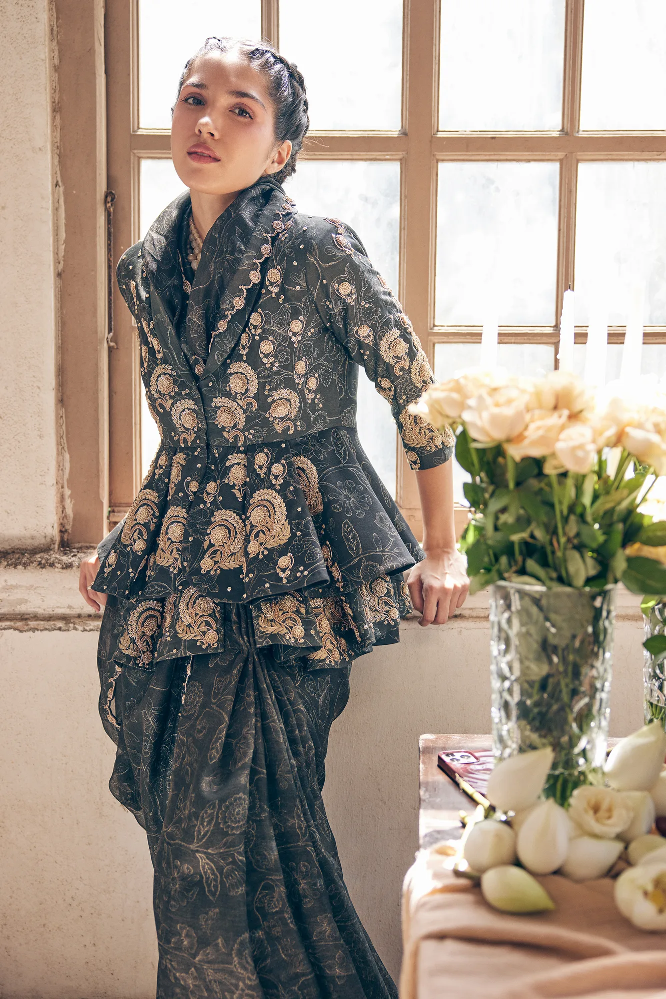 Faye Saree Jacket Set by Paulmi And Harsh in black, view 2