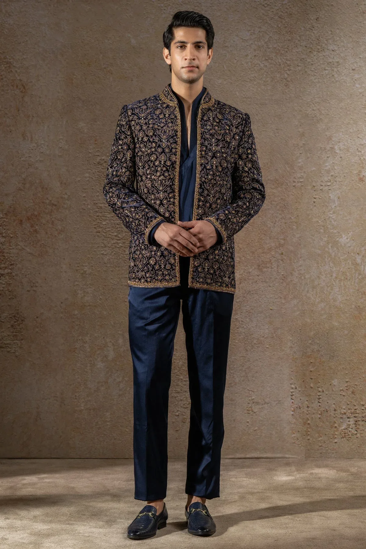 Golden Light Antique Zardozi Velvet Bandhgala Set by Tarun Tahiliani