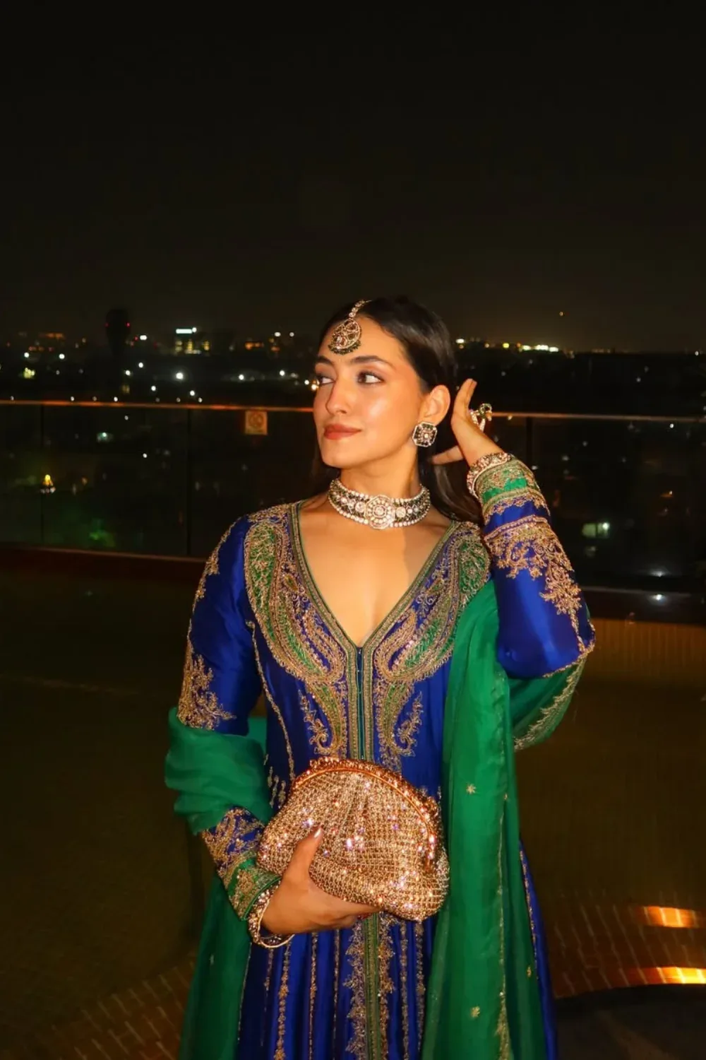 Daizy in Peacock Green and Blue Jacket Set by Jigar Mali