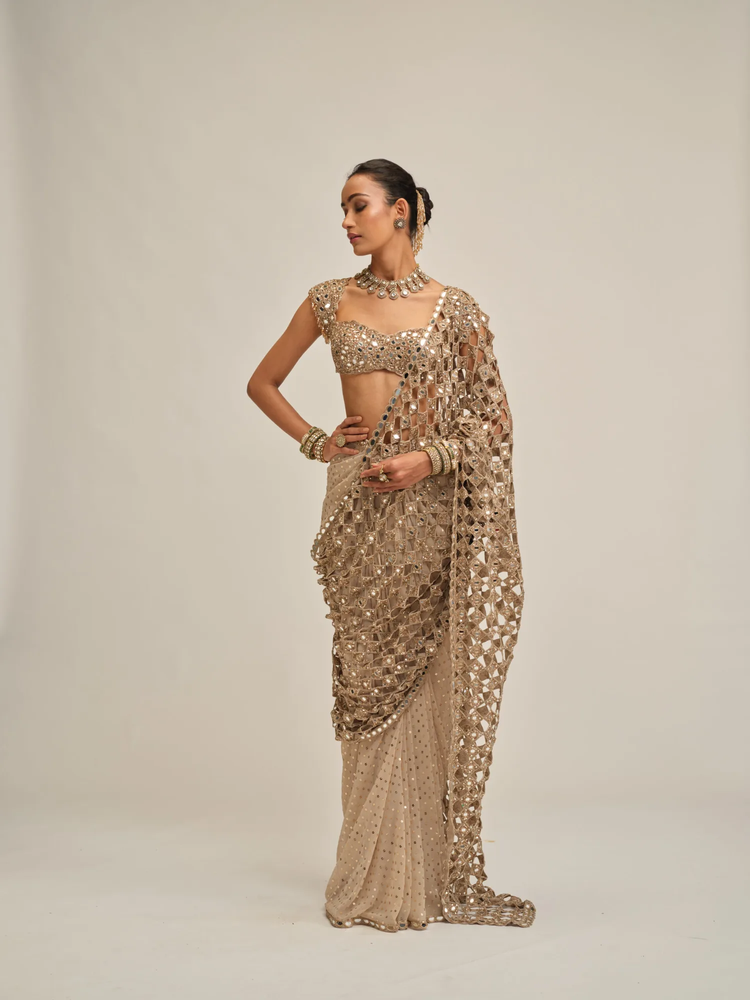 Light Beige Cutwork Pallu Saree Set by Vvani Vats