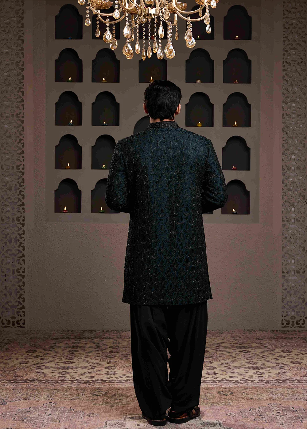Green Achkan Black Emb Kurta Patiyala Salwar by Nitika Gujral, green sherwani, view 2