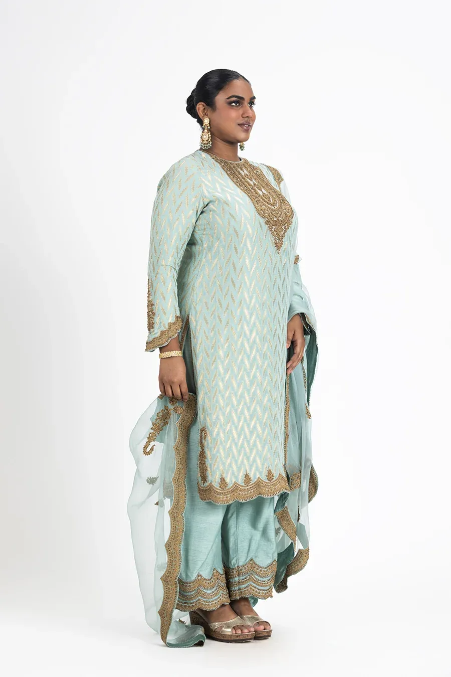 Aqua Benarsi Kurta Raw Silk Palazo Organza Odhini by Nitika Gujral
