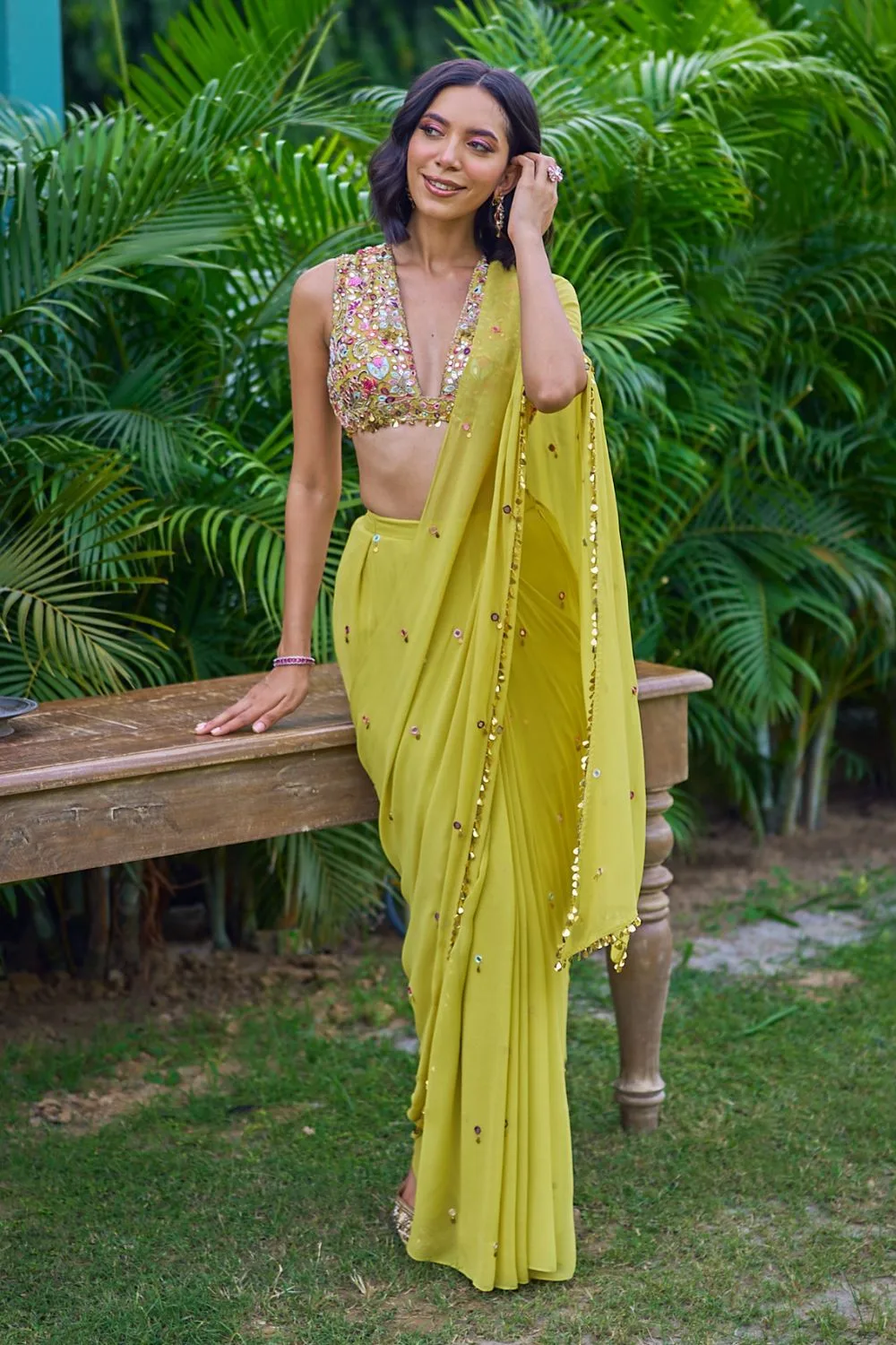Yellow Saree Set by Tamanna Punjabi Kapoor