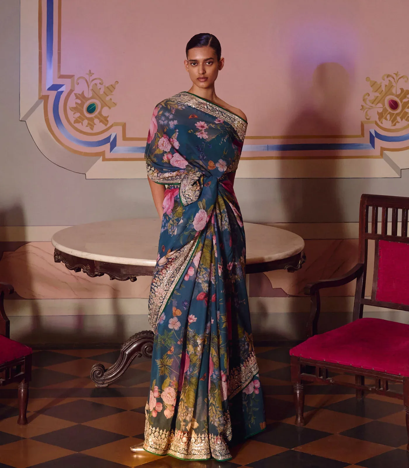 Navy Blue Ruh Printed Saree Set by Anushree Reddy