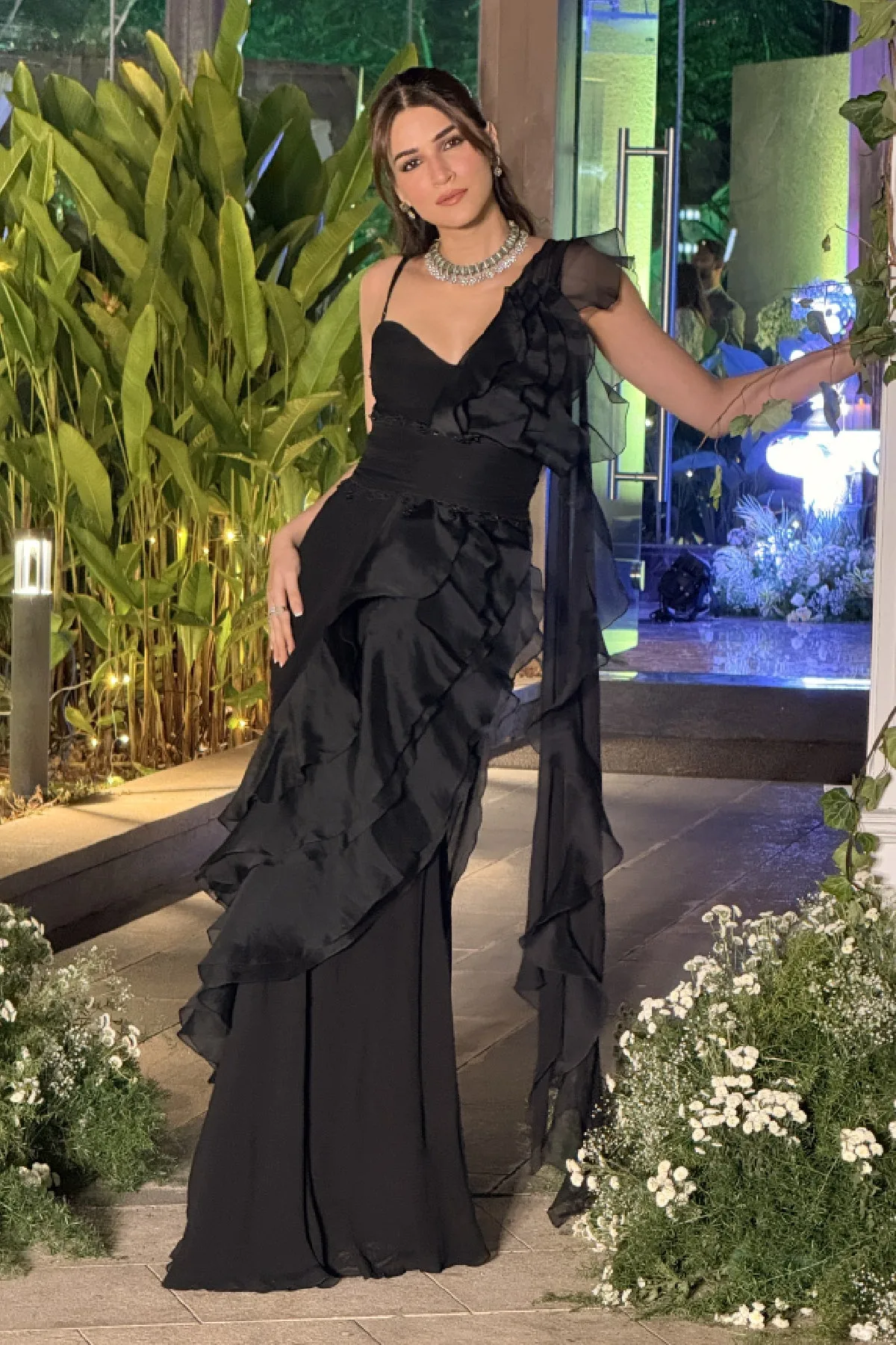 Kriti Sanon In Chic Saree Gown Set by Ridhi Mehra in black