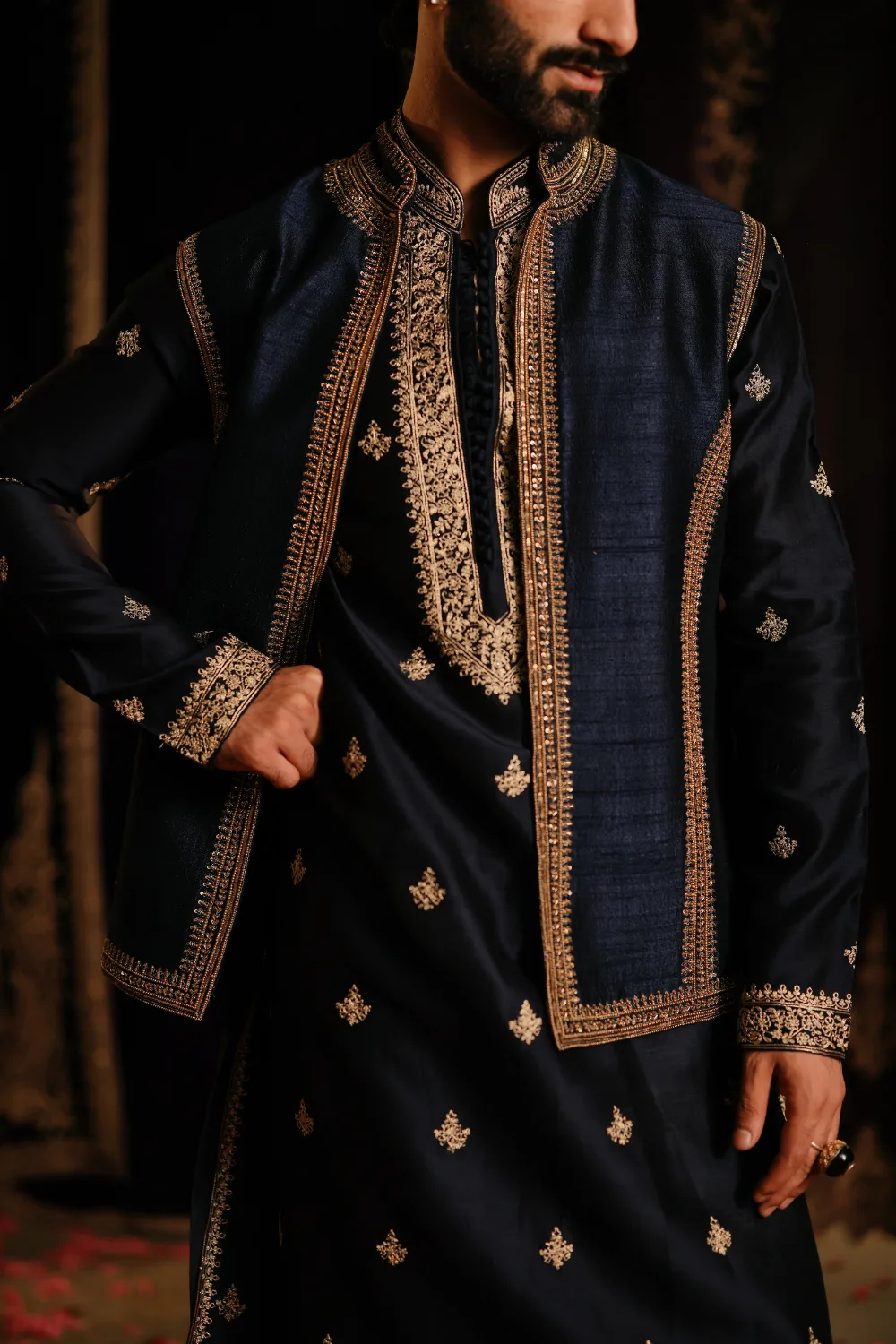 Arham Jacket Set by Jigar Mali in navy blue, view 2