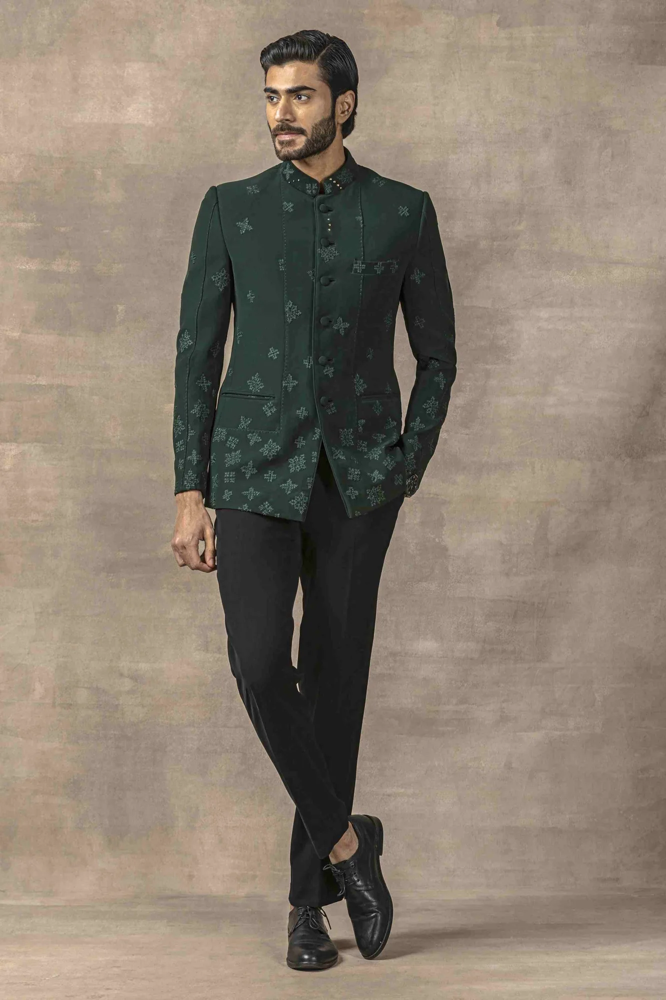 Dark Green Bandhgala Set by Sarab Khanijou
