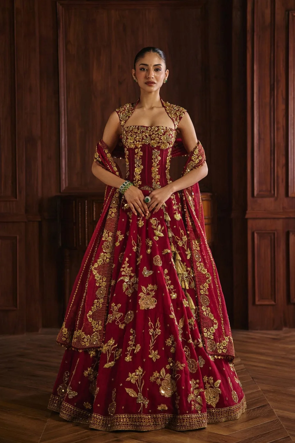 Rukmani by Mahima Mahajan, crimson lehenga