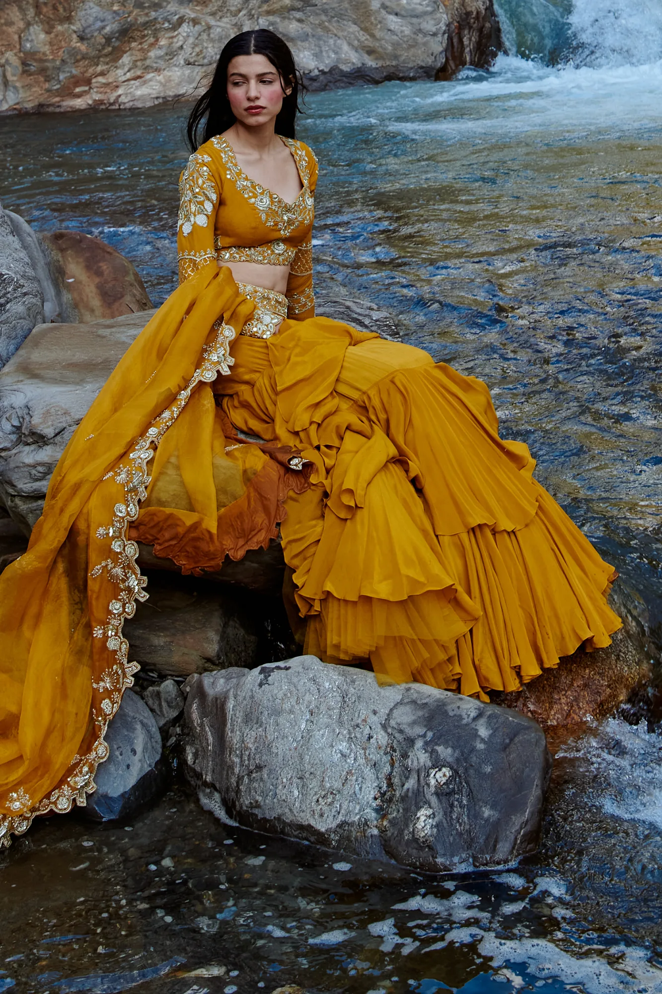 Fiorella Lehenga Set by Paulmi And Harsh in yellow, view 3