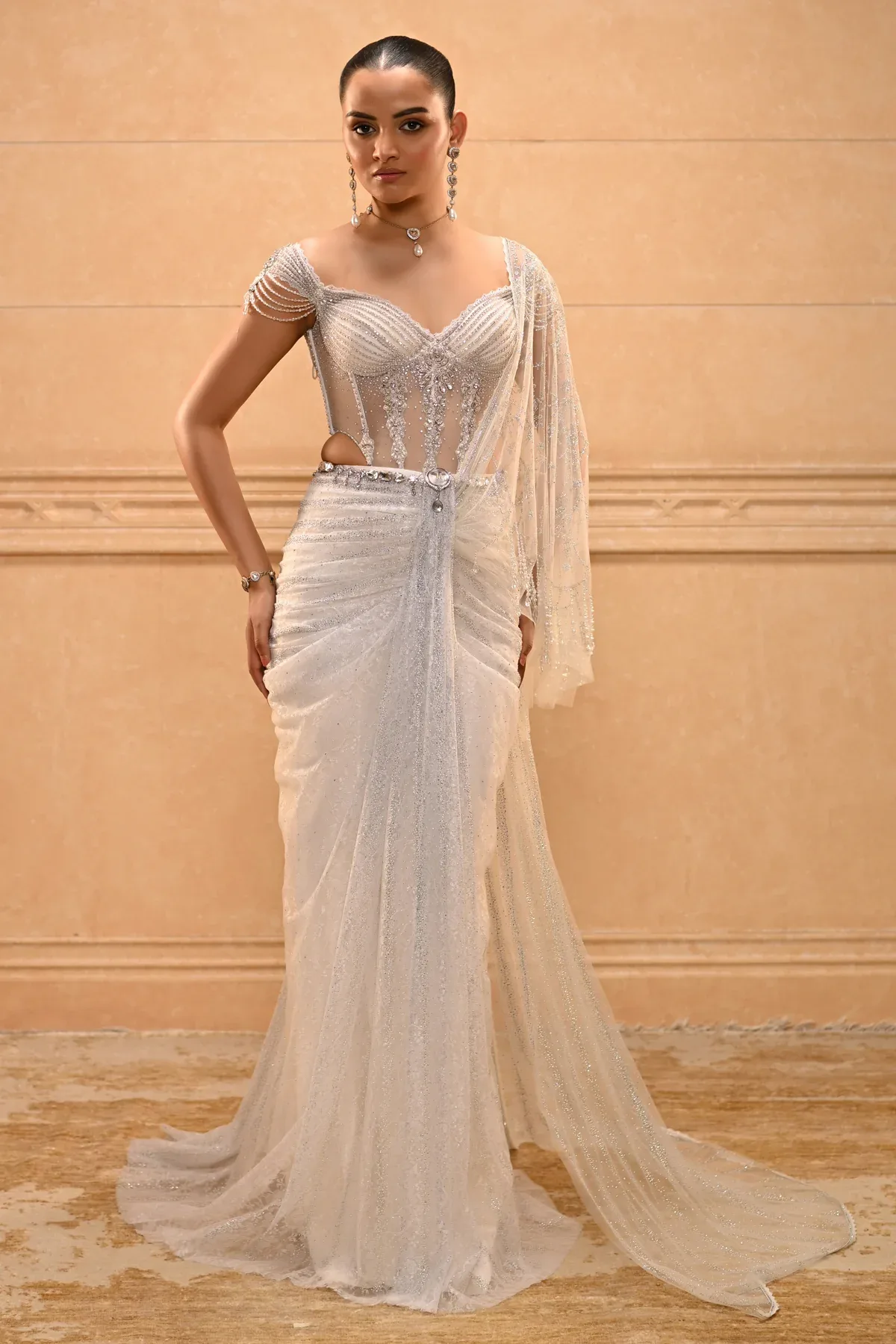 Pearl Embroidered Saree by Tarun Tahiliani