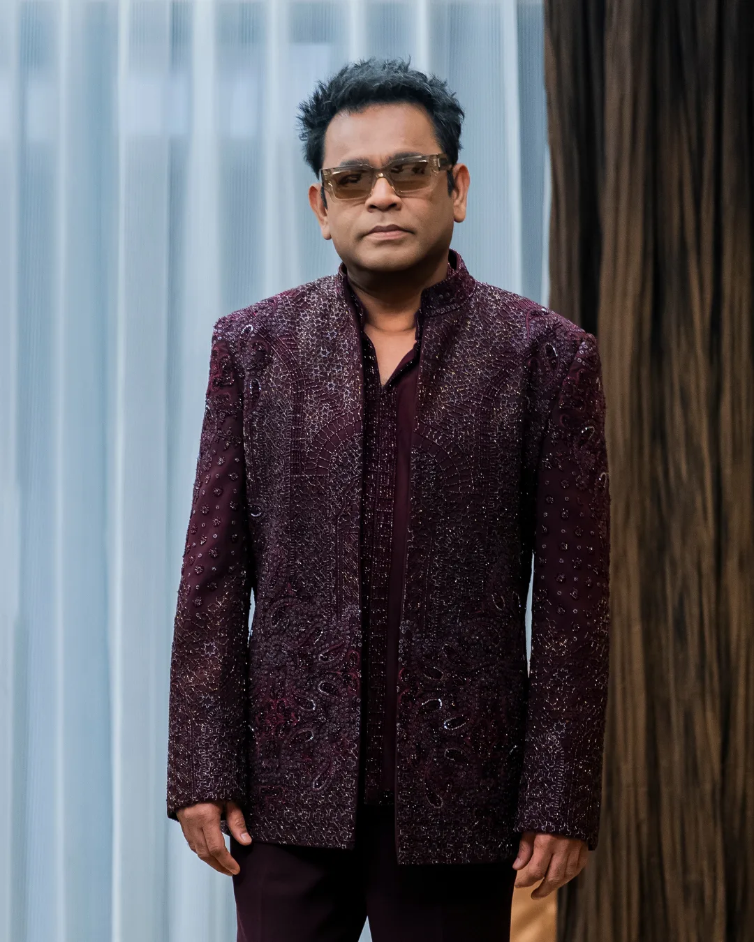 AR Rahman in Mirage Open Jacket Set by Dolly J in burgundy