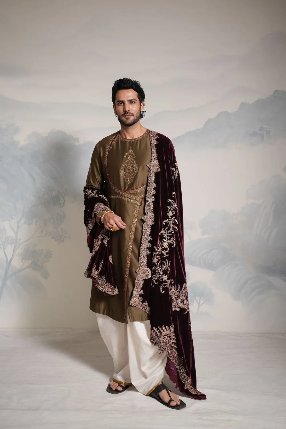Tejas Angrakha Set by Jigar Mali, olive sherwani