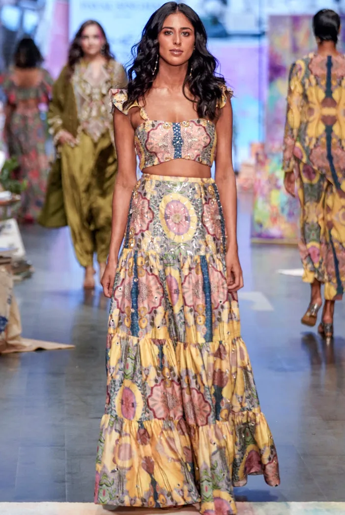 Alice Yellow Enchanted Print Dupion Silk Embroidered Bustier And Layered Skirt by Payal Singhal
