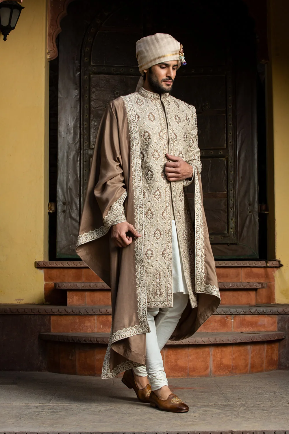 Beige Brown Raw Silk Patchwork Embroidered Achkan with Monga Kurta and Churidar by Nitika Gujral, beige sherwani, view 3