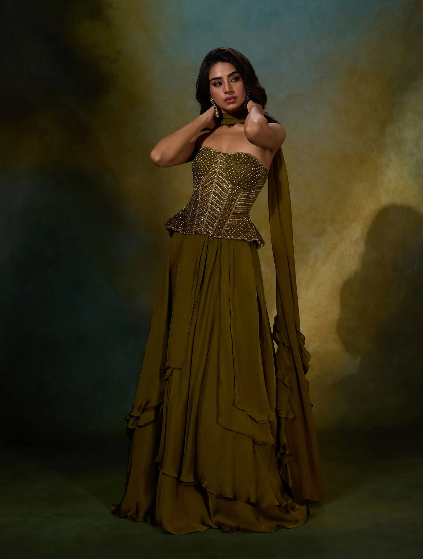 Arlette by Shloka Khialani, olive green skirt set, view 3