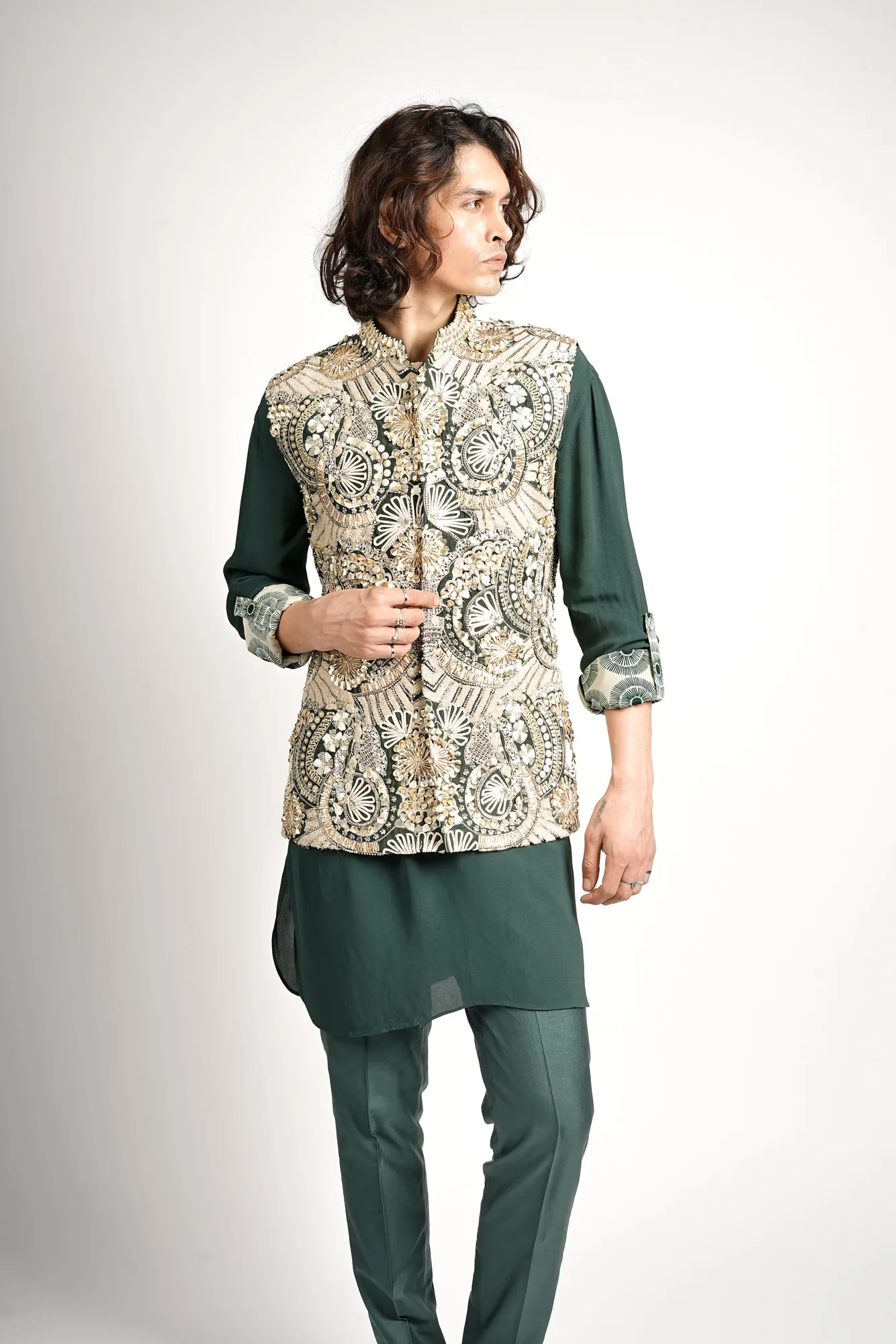 Zayan Embellished Bundi Set by SVA in emerald green