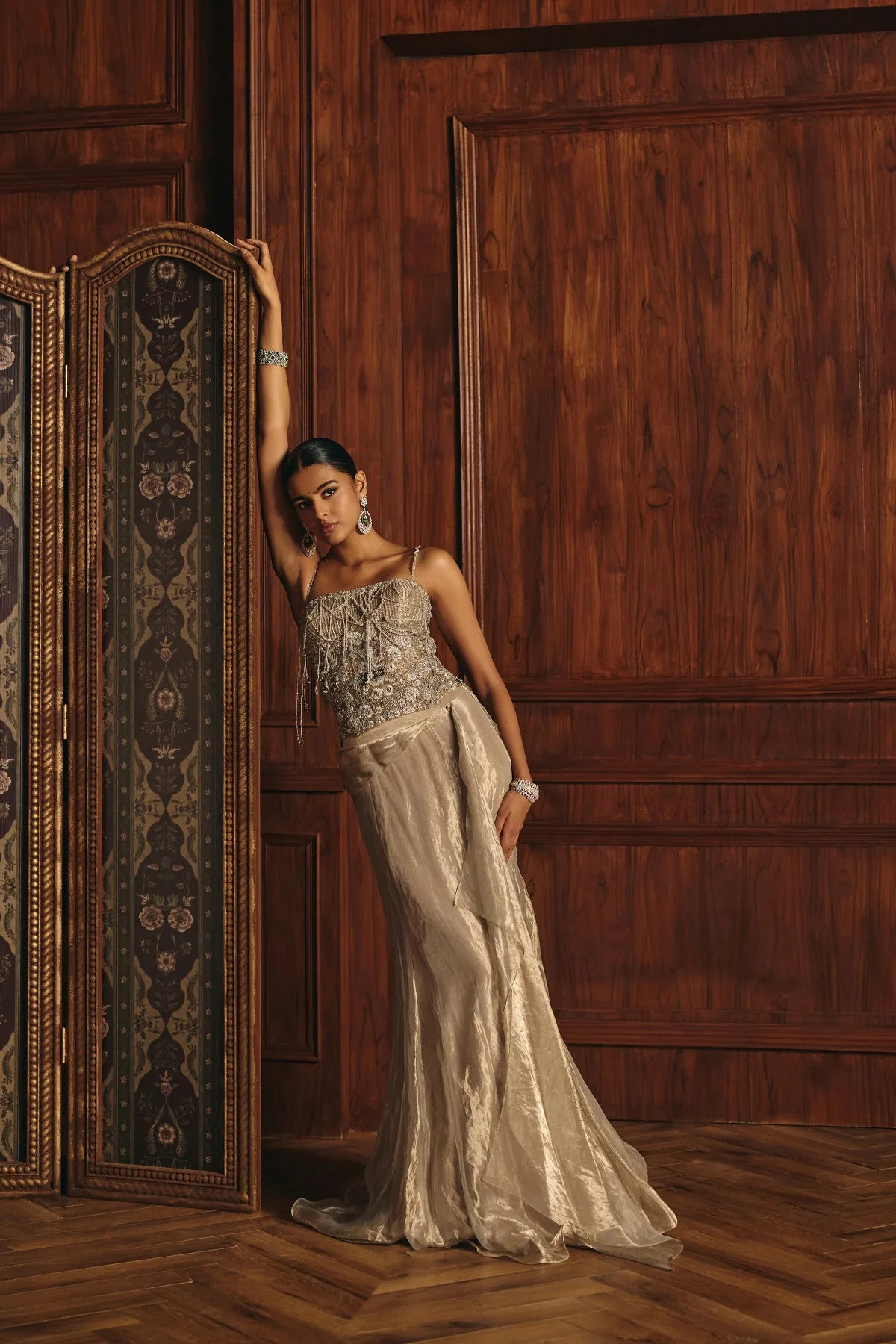 Aarohi by Mahima Mahajan, silver skirt set, view 4