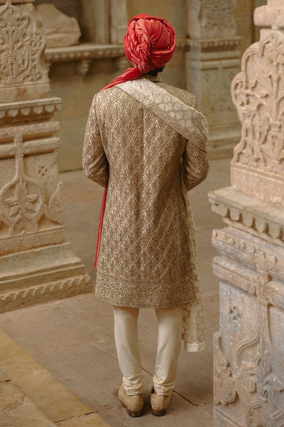 Gold Twill Sherwani Set by Nitika Gujral, view 3
