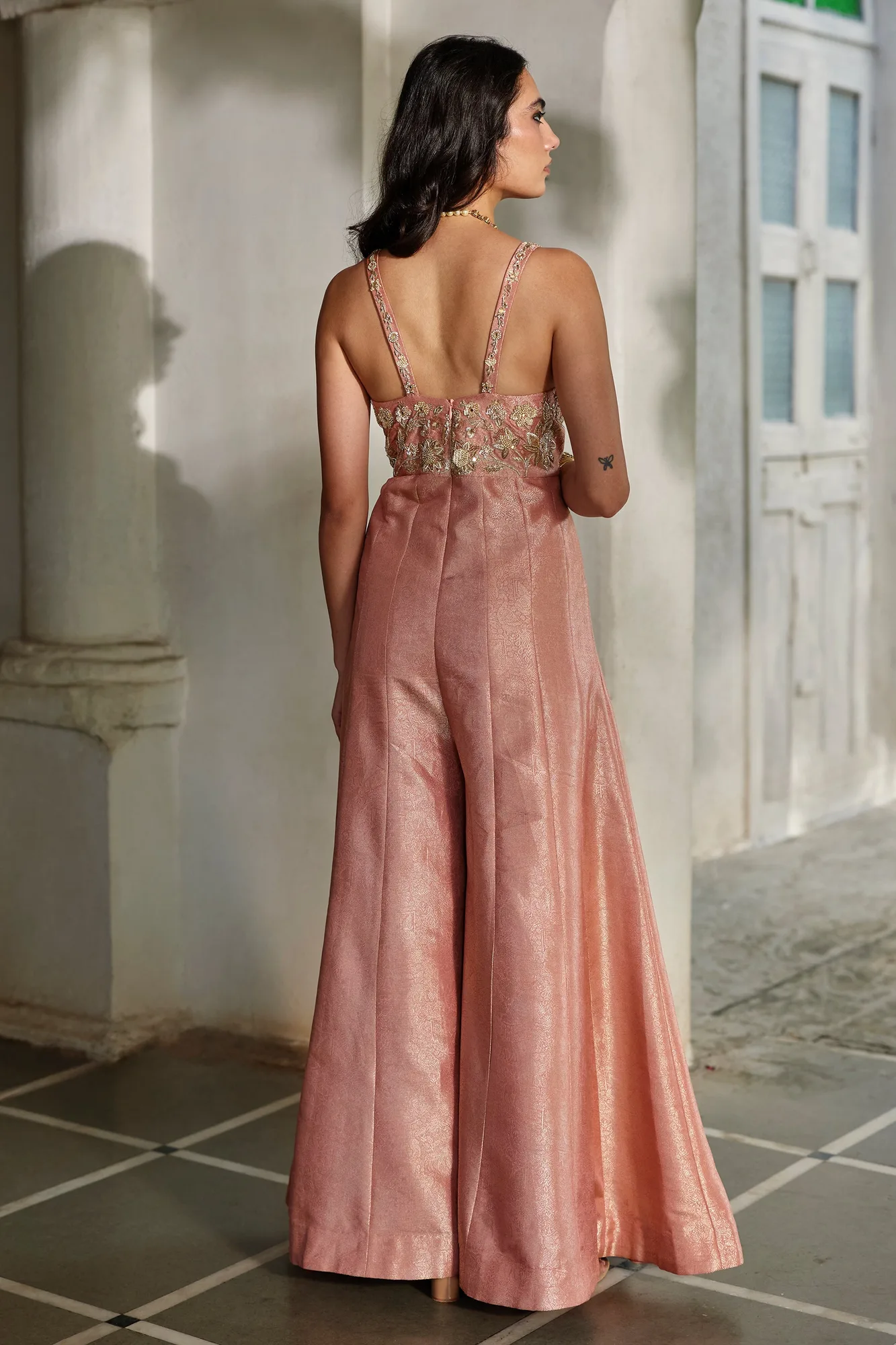 Mira Cape Jumpsuit Set by Paulmi And Harsh, peach cape set, view 2