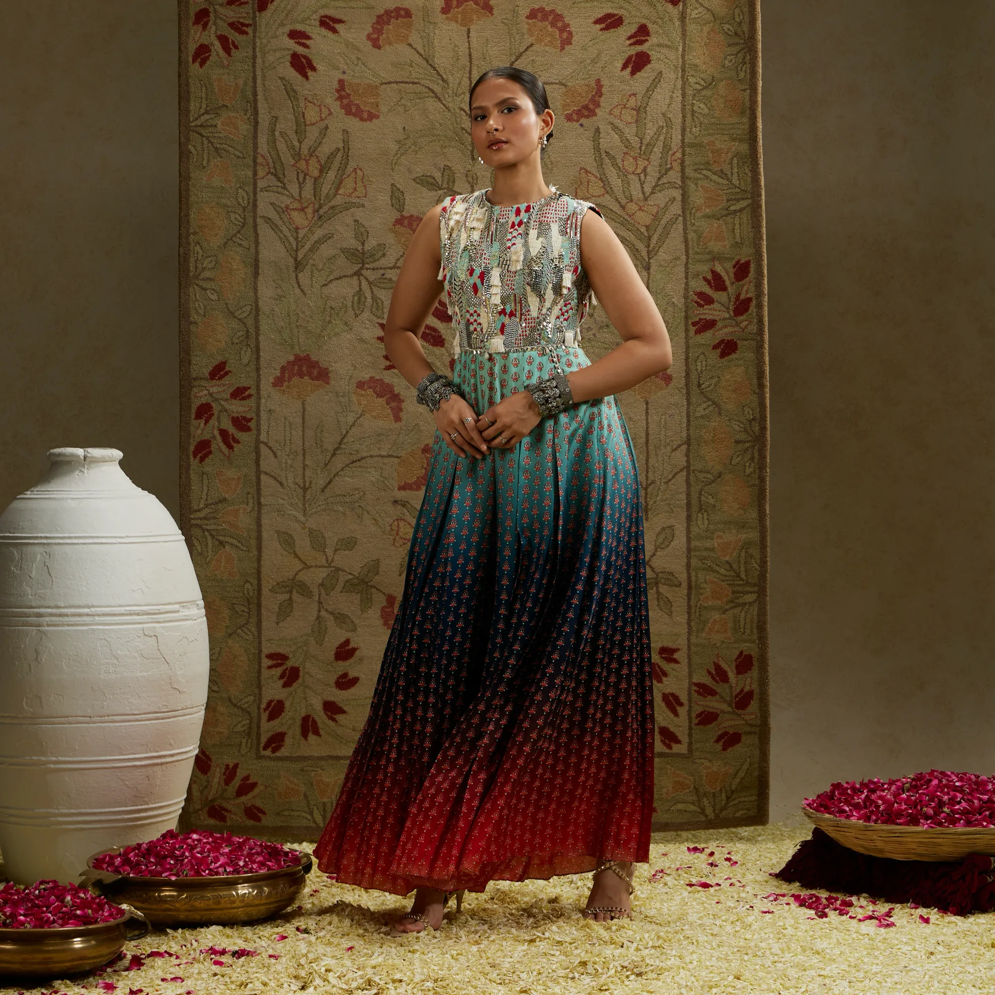 Blue Red Ombre Butti Embellished Jumpsuit by SVA