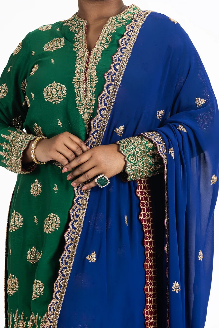 Green Raw Silk Kurta and Palazzo with Blue Dupatta by Nitika Gujral