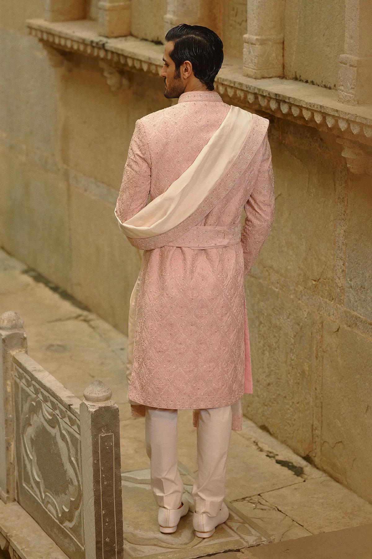 Blush Pink Tafetta Silk Sherwani Set by Nitika Gujral, view 2