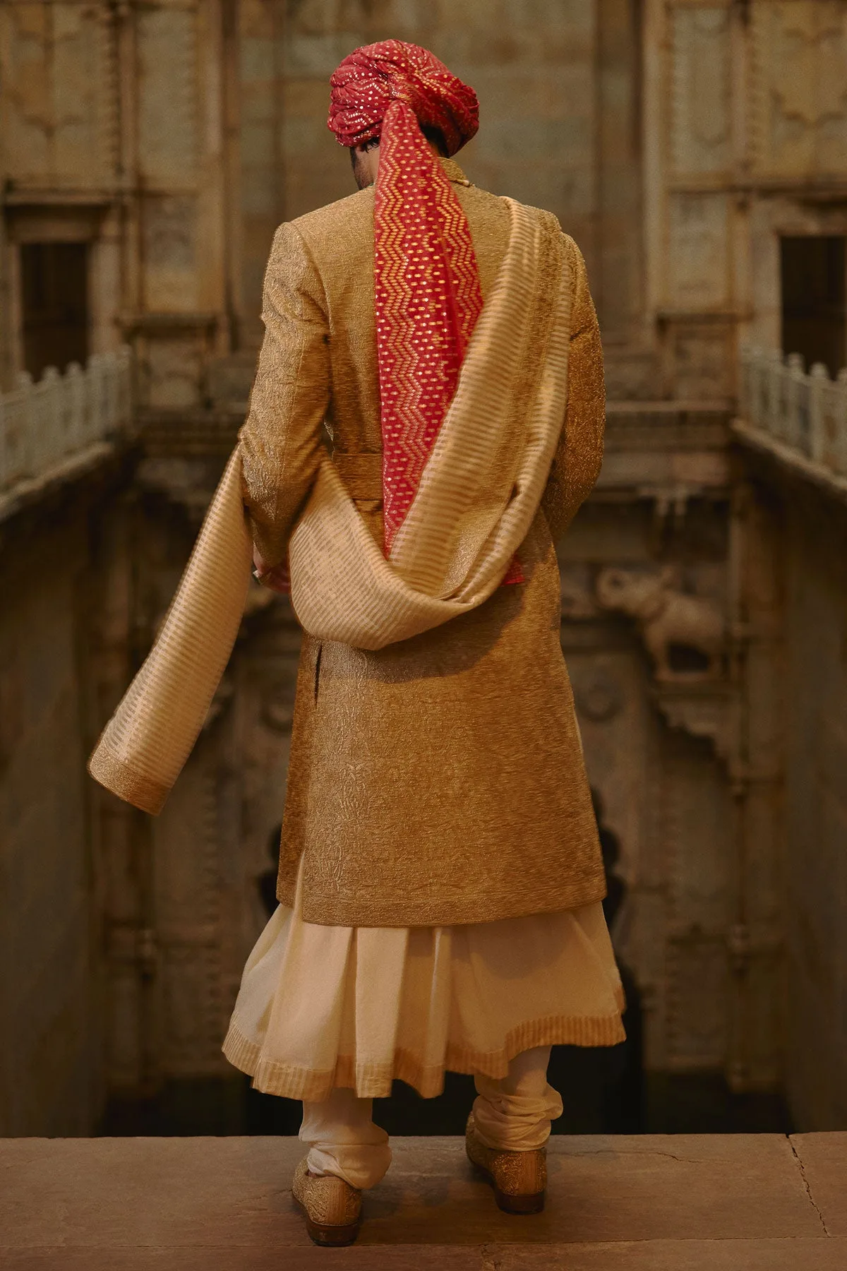Salmon Pink Sherwani Set by Nitika Gujral, view 3