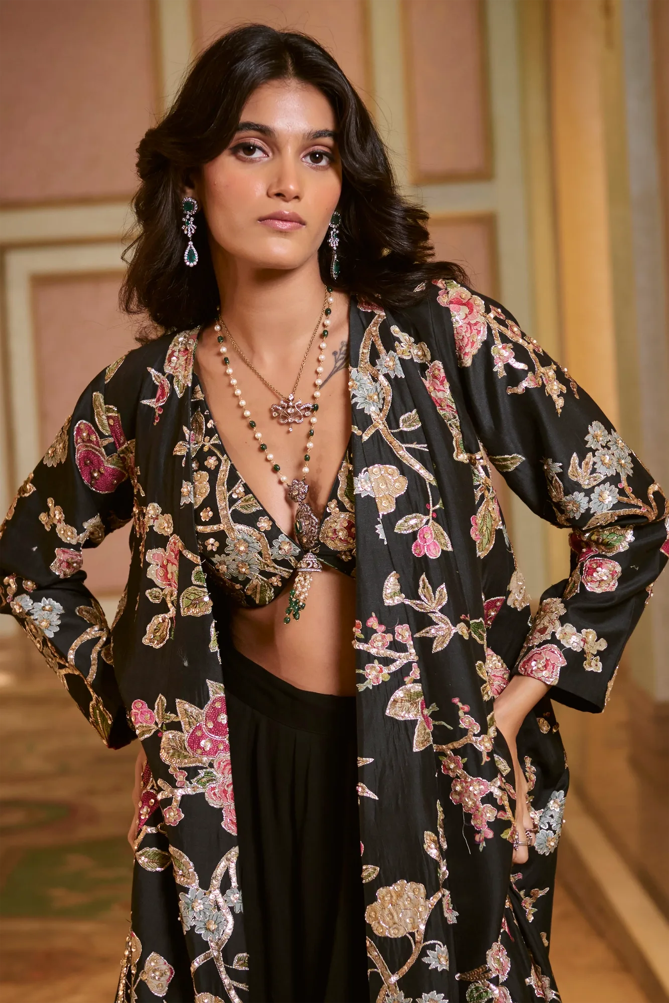 Daley Jacket Set by Paulmi And Harsh in black, view 2