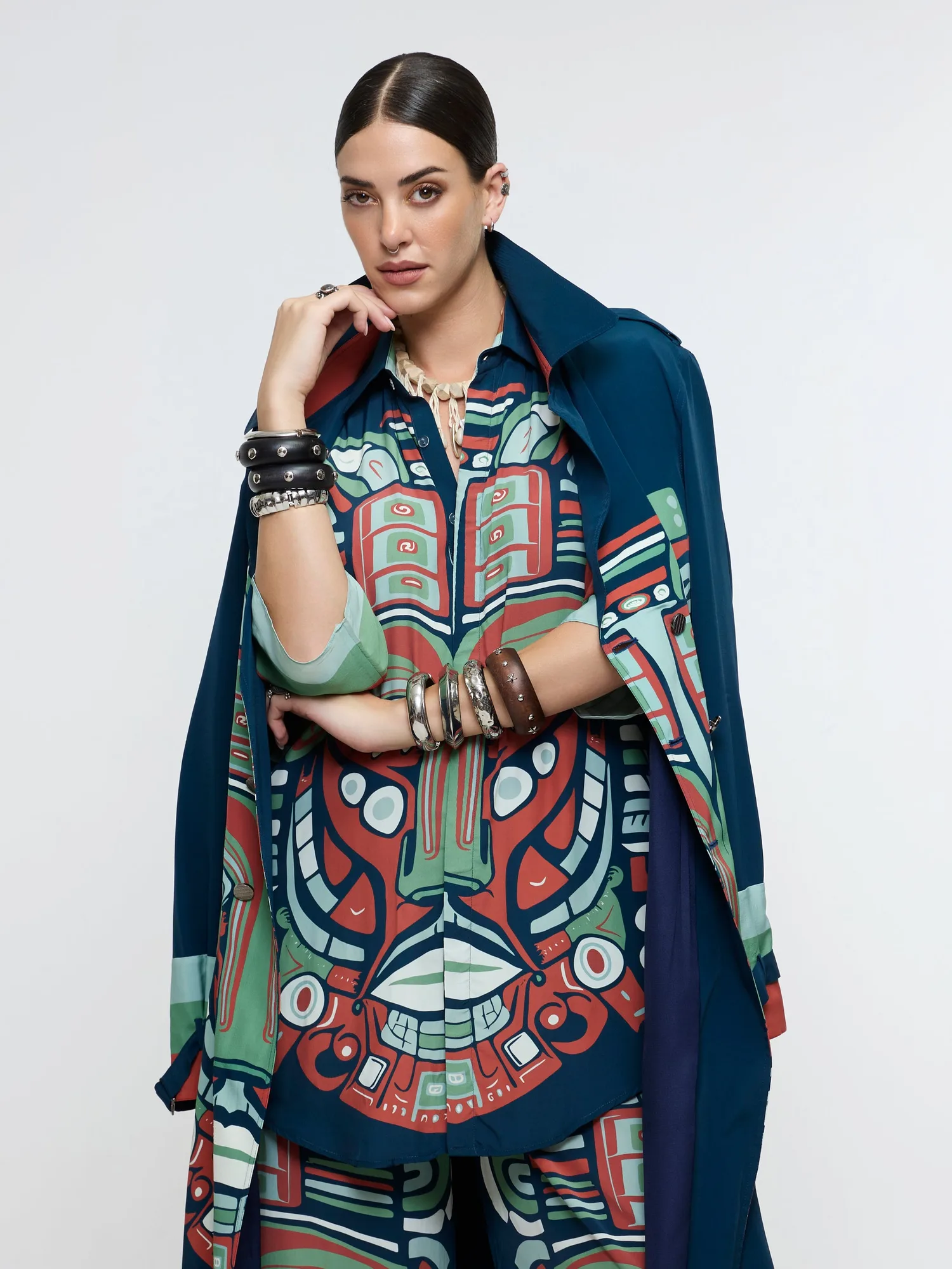 Midnight Blue Printed Mask Trench Coat With Shirt And Pant. by SVA, midnight blue jacket set, view 3