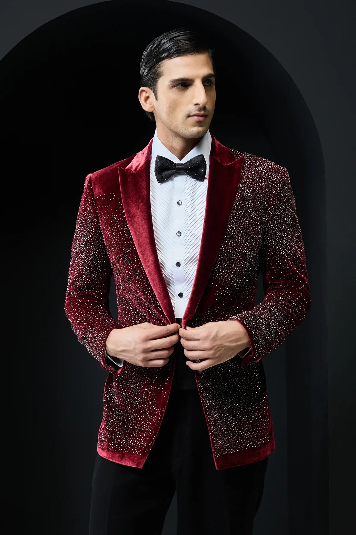 Wine tuxedo highlighted with pearls and square crystal beads by Sarab Khanijou